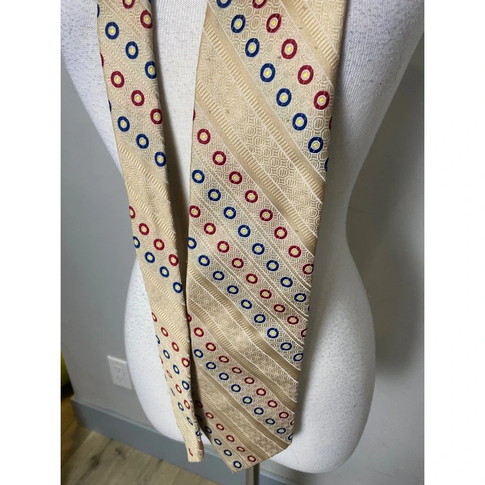 Vintage 70s Vesuvio Italy Mens Necktie Gold Red Blue Geometric Circle Stripe Tie